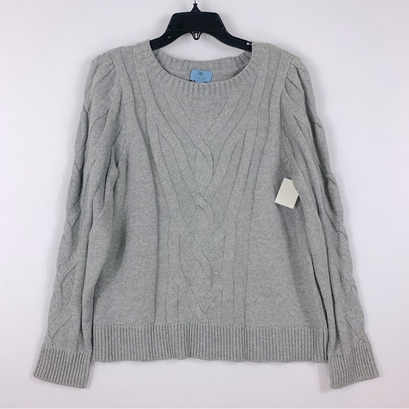 CECE Heather Grey Cable Knit Crewneck Sweate - Picture 3 of 8